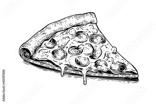 Slice of pizza hand drawn engraving style vector illustration