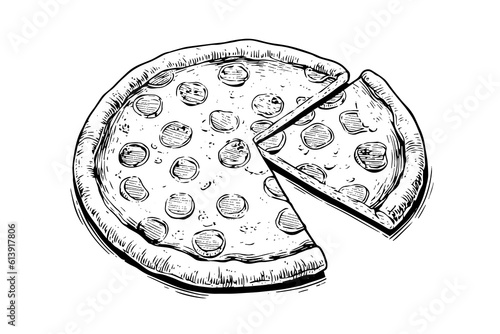 Sliced pizza sketch hand drawn engraving style Vector illustration.