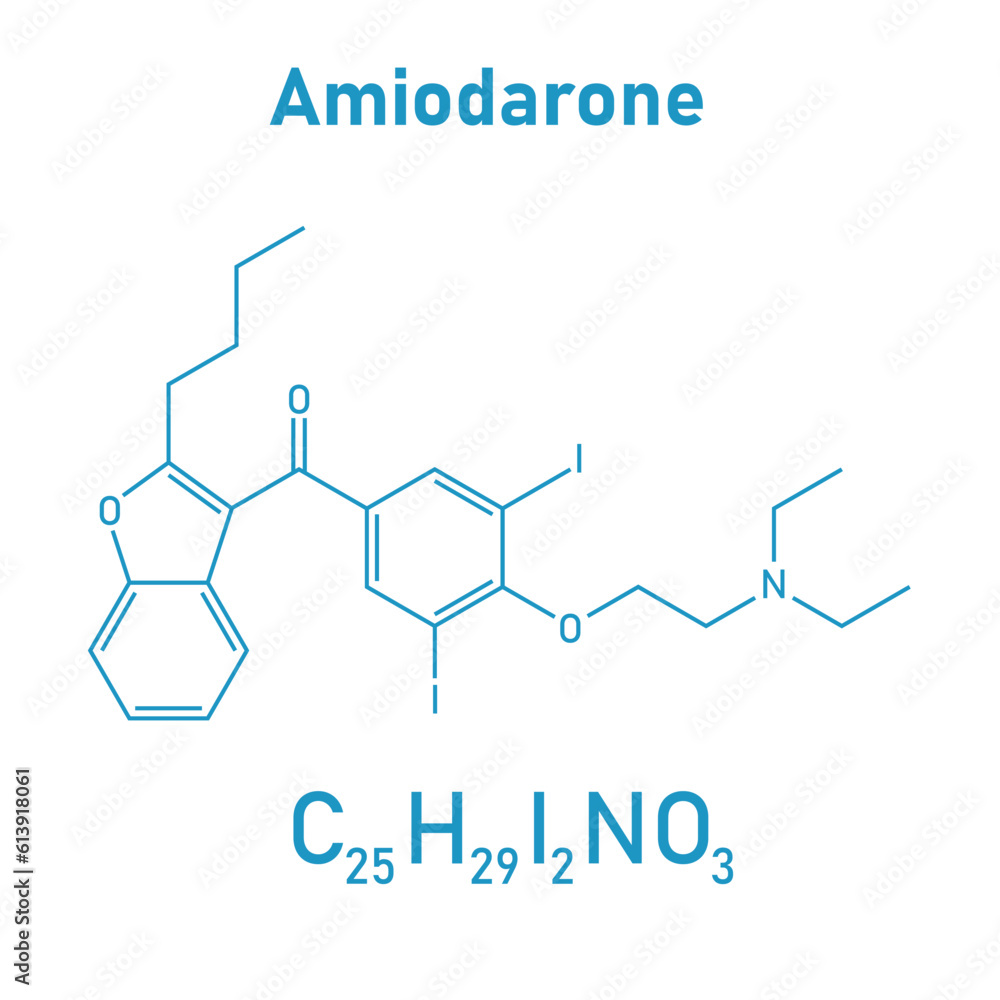 Chemical structure of Amiodarone (C25H29I2NO3). Chemical resources for teachers and students. Vector illustration isolated on white background. Chemical structure of Amiodarone (C25H29I2NO3). Chemical resources for teachers and students. Vector illustration isolated on white background.