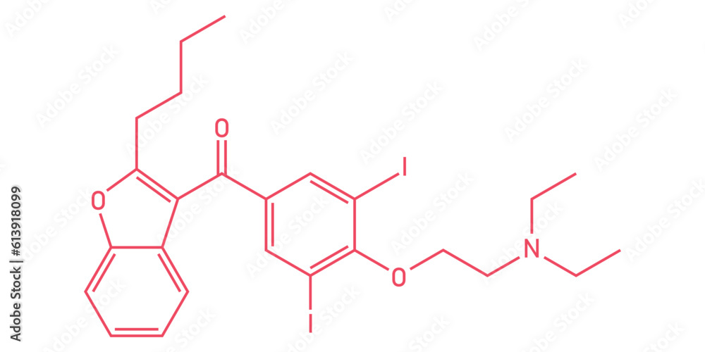 Chemical structure of Amiodarone (C25H29I2NO3). Chemical resources for teachers and students. Vector illustration isolated on white background. Chemical structure of Amiodarone (C25H29I2NO3). Chemical resources for teachers and students. Vector illustration isolated on white background.