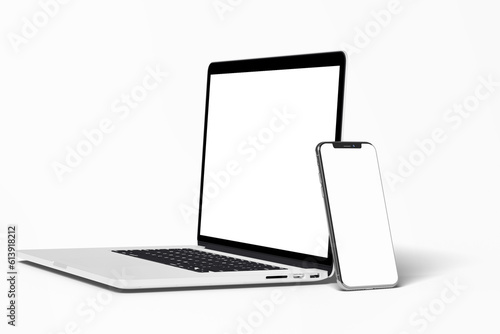 Laptop and Phone Screen Mockup on white background photo