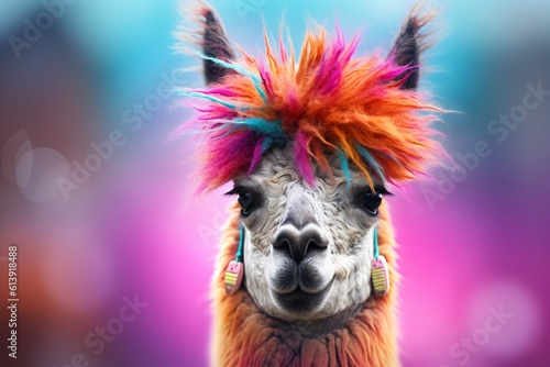 colorful portrait of a young and crazy alpaca, generative ai