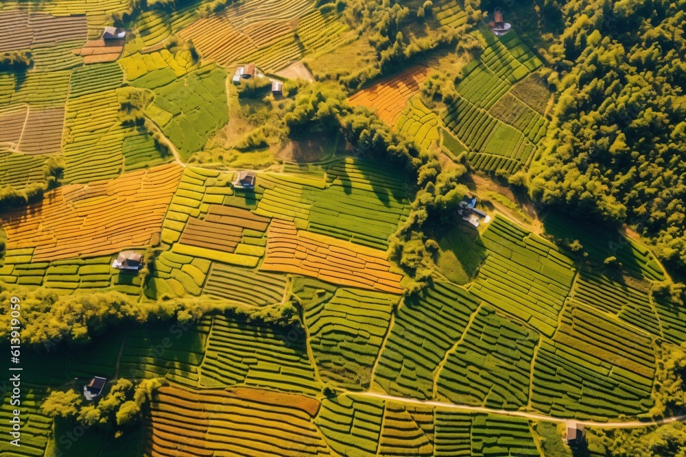 ecosystem with healthy farming method, aerial view of fields with diverse crop growth based on principle of permaculture and polyculture, generative ai