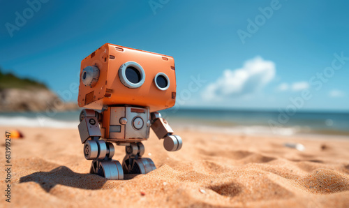 Little cute robot on the beac,  cartoon style, mini robot, android robot, near-future technology © STORYTELLER