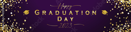 Happy Graduation Day 2023 horizontal banner. Holiday decoration design with glittering gold elements. Prom ribbon concept. Creative modern graphic. Shiny gradient. Golden sequins with vector mask.