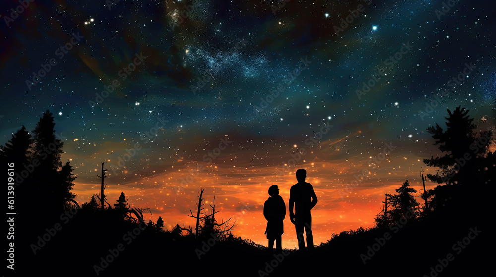 silhouette of a people with a night sky. Generative AI image.