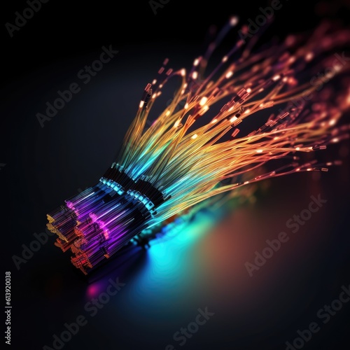Abstract technological background from a fiber optic glowing beam spreading in the digital space. Data transmission in the futuristic industry. Colorful digitalization process. Generative AI