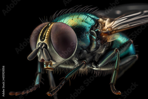 a close up of a flying fly with a dark background