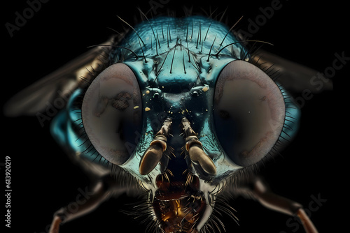 a close up of the face of a blue fly