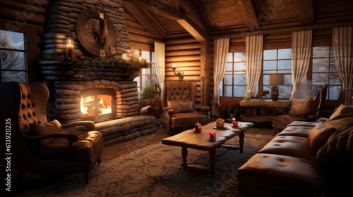 Warm and inviting interior scene of a cozy cabin, with a crackling fireplace, comfortable armchairs, and soft candlelight © Damian Sobczyk
