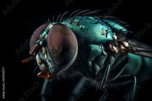 a close up of a blue fly on a dark background