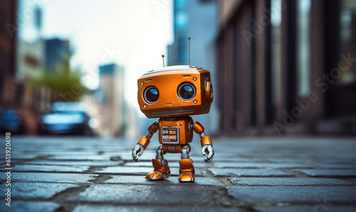 Little cute robot on the street, cartoon style, mini robot, android robot, near-future technology