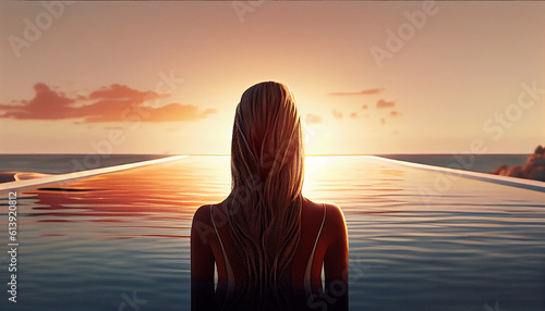 Back view of a men watching the sunset from the swimming pool Ai generated image