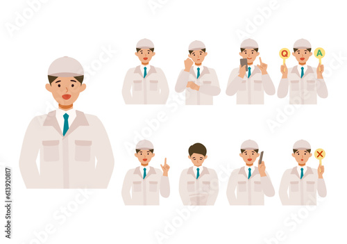 作業服の男性の上半身イラスト　笑顔