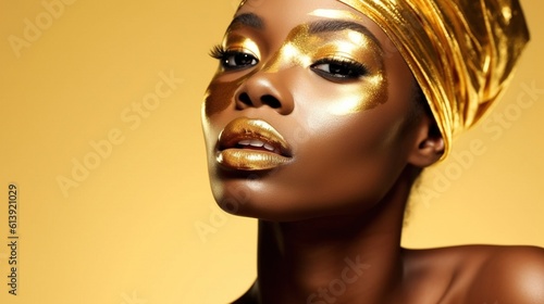 beauty black woman with a gold headdress and a gold headdress, generative AI