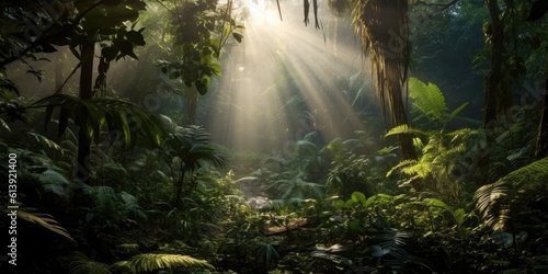 Sunbeam Piercing Through Dense Jungle Foliage - AI Generated