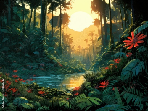 Panoramic View of Jungle at Sunset - AI Generated