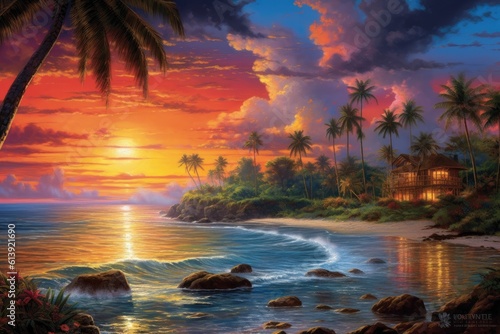 Vibrant Sunset over Tranquil Beach - AI Generated