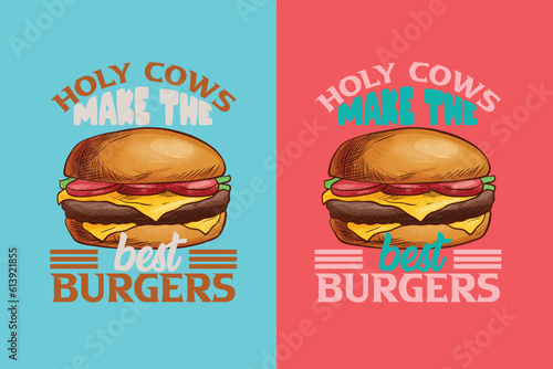 Holy Cows Make The Best Burgers, Burger Boy Retro Vintage Sunset, Black T-Shirt with Heart-Shaped Burger Design, Retro Burger, True Love for EPS JPG PNG,