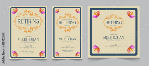 Set of square banner and stories for instagram and facebook, a4 poster for retirement party invitation, vector illustration eps 10