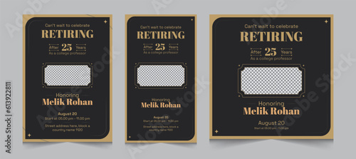 Set of retirement party invitation, square banner, instagram story and a4 poster, vector illustration eps 10