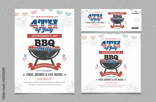 Set of square banner and stories for instagram and facebook, a4 poster for independence day barbecue party, vector illustration eps 10