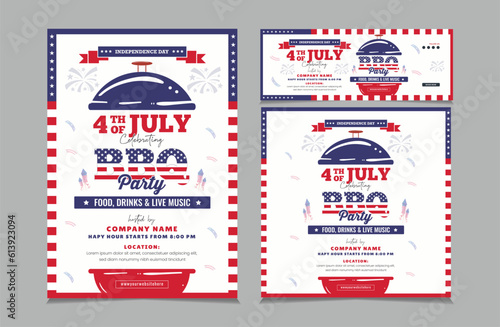 Set of square banner and stories for instagram and facebook, a4 poster for independence day barbecue party, vector illustration eps 10