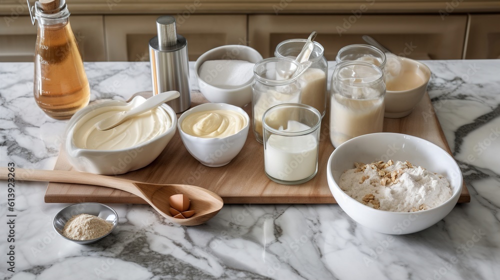 Ingredients for baking on a marble countertop top view. For a homemade dessert. Generative ai. Ingredients for baking on a marble countertop top view. For a homemade dessert. Generative ai.