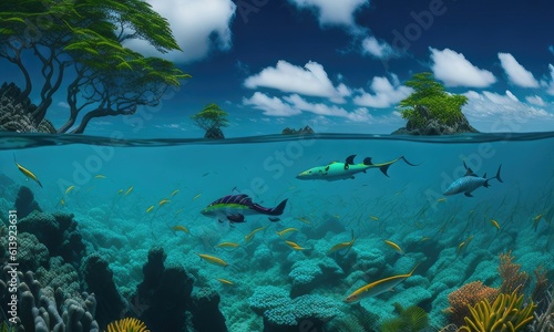 Tropical island seen from below the ocean waves © didiksaputra