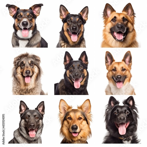 Set of different happy dogs portraits isolated on white background