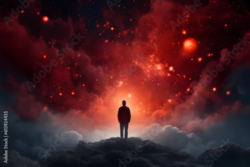 man standing in front of red clouds under a starry sky