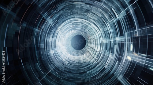 Digital cyberspace tunnel abstract background with copy space. Blue color. Cyber data vortex illustration. AI generative image.