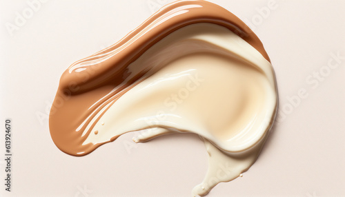 Close up smear of beige skin tone bb cream  beauty cosmetic product on white background. AI generative image.