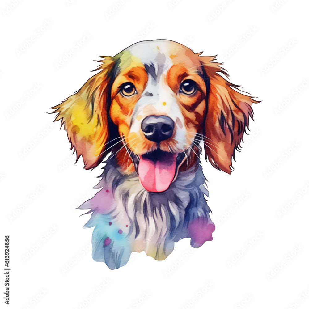 Watercolor dog sticker, cartoon character animal, idea for print t-shirt, poster and kids envelope, postcard. Hand drawn style. Generative AI.