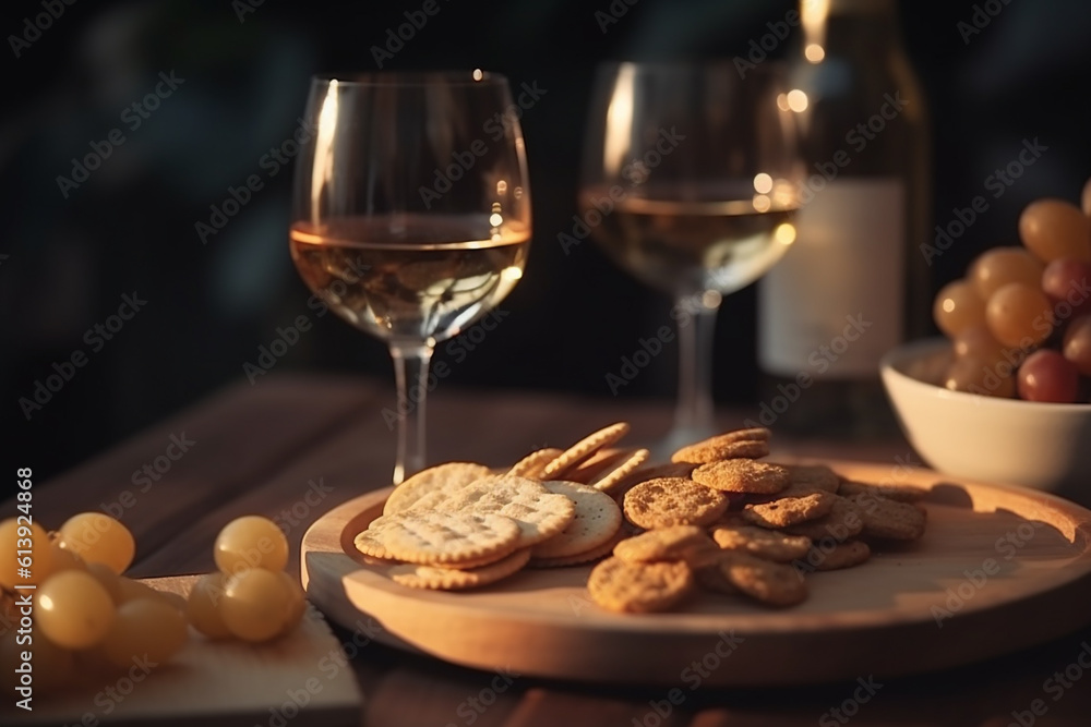 Wine with a snack, Background with selective focus generative AI technology