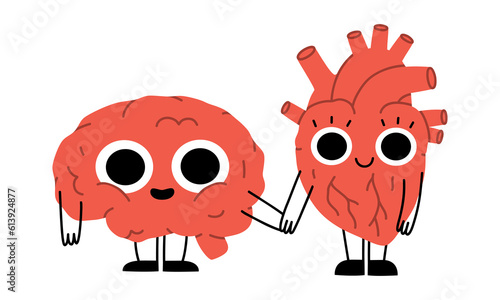 Hand drawn cute illustration human smiling brain and heart. Flat vector organ, mind and feelings characters in colored doodle style. Mental health, emotion balance sticker, icon or print. Isolated. photo