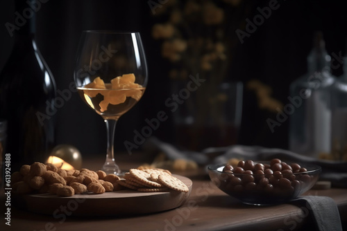 Wine with a snack  Background with selective focus generative AI technology