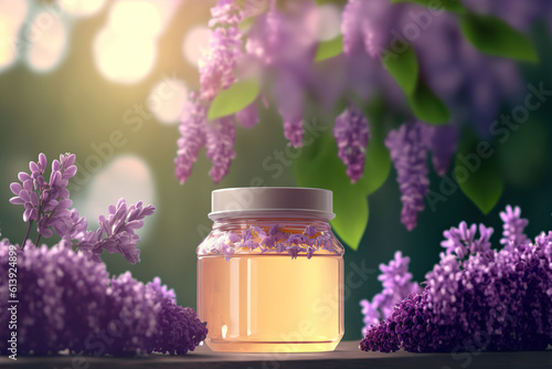 Beautiful jar of honey and lilac flowers on the table. Cute bees flying around. Cozy summer day in the garden. Golden hour lightning nature background. AI generative image.