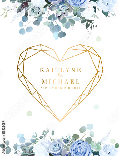 Dusty blue rose, white hydrangea, ranunculus, anemone, eucalyptus, greenery, juniper, magnolia vector design frame