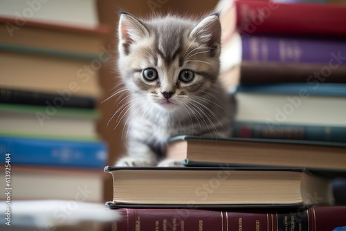 A baby cat sitting atop a stack of books