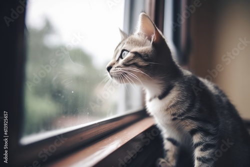 A baby cat perched on a windowsill staring outside