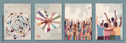 Volunteer people group concept banner brochure poster editable template. Raised hands people diversity.Diverse people holding hands in a circle.Solidarity.NGO Aid concept.Volunteerism