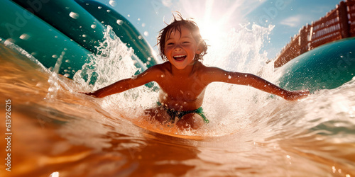 happy kid riding a waterslide photo
