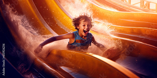 happy kid riding a waterslide photo