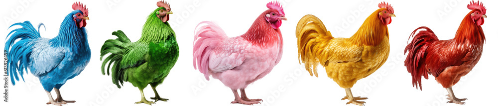 Collection of colourful chicken isolated on a transparent background
