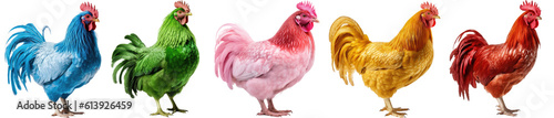 Photographie Collection of colourful chicken isolated on a transparent background (green, blu