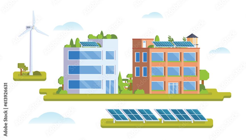 Fototapeta premium Vector elements representing eco town with solar panel and wind turbine. Illustration for landing page, Infographic, banner etc.