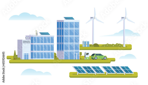Vector elements representing eco town with solar panel and wind turbine. Illustration for landing page, Infographic, banner etc.