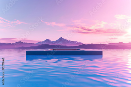 3D rendering of concept scenes,sky and clouds,infinity pool against a vaporwave sunny sky 
