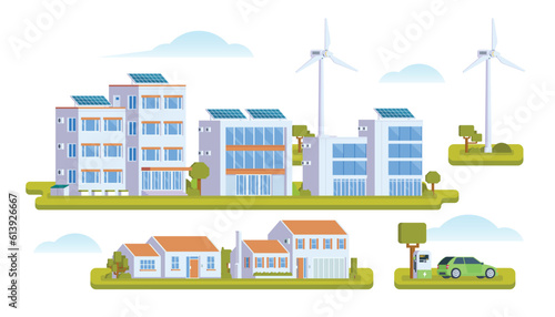 Vector elements representing eco town with solar panel and wind turbine. Illustration for landing page, Infographic, banner etc.